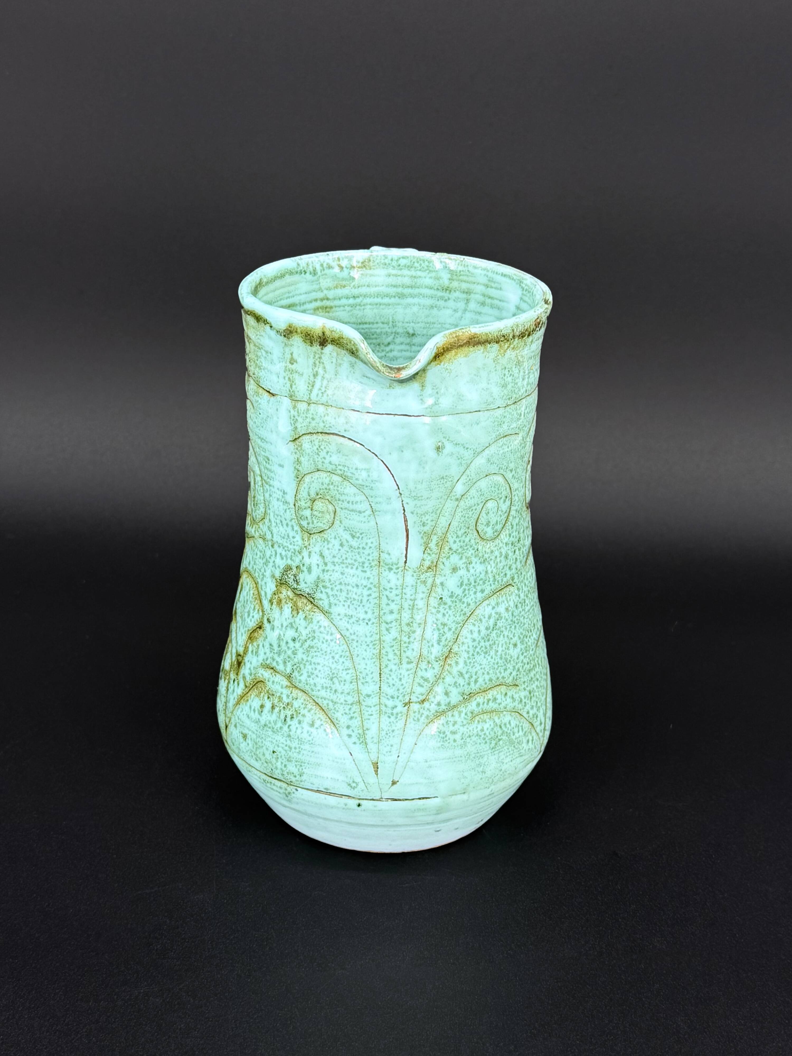 Turquoise green glazed stoneware pitcher – signed, France, 1970