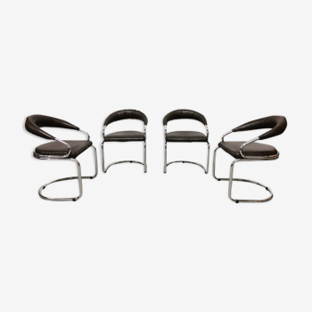 Set de 4 chaises vintage Victoria design 1970 chrome et cuir