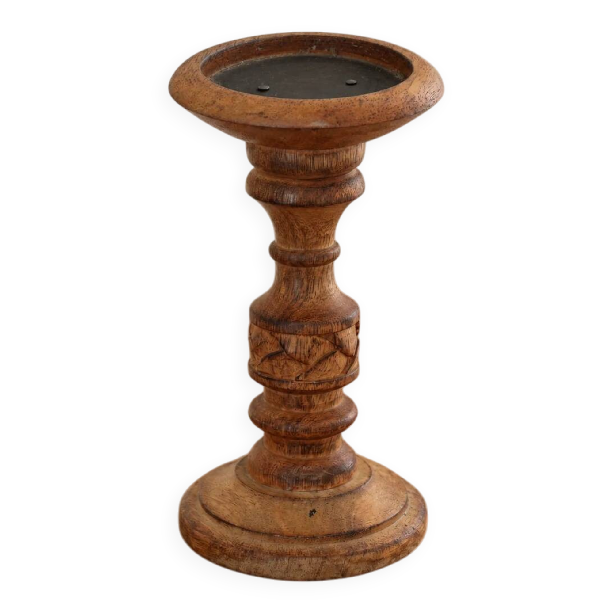 Turned and carved wooden candlestick with foliage decoration – H 20 cm