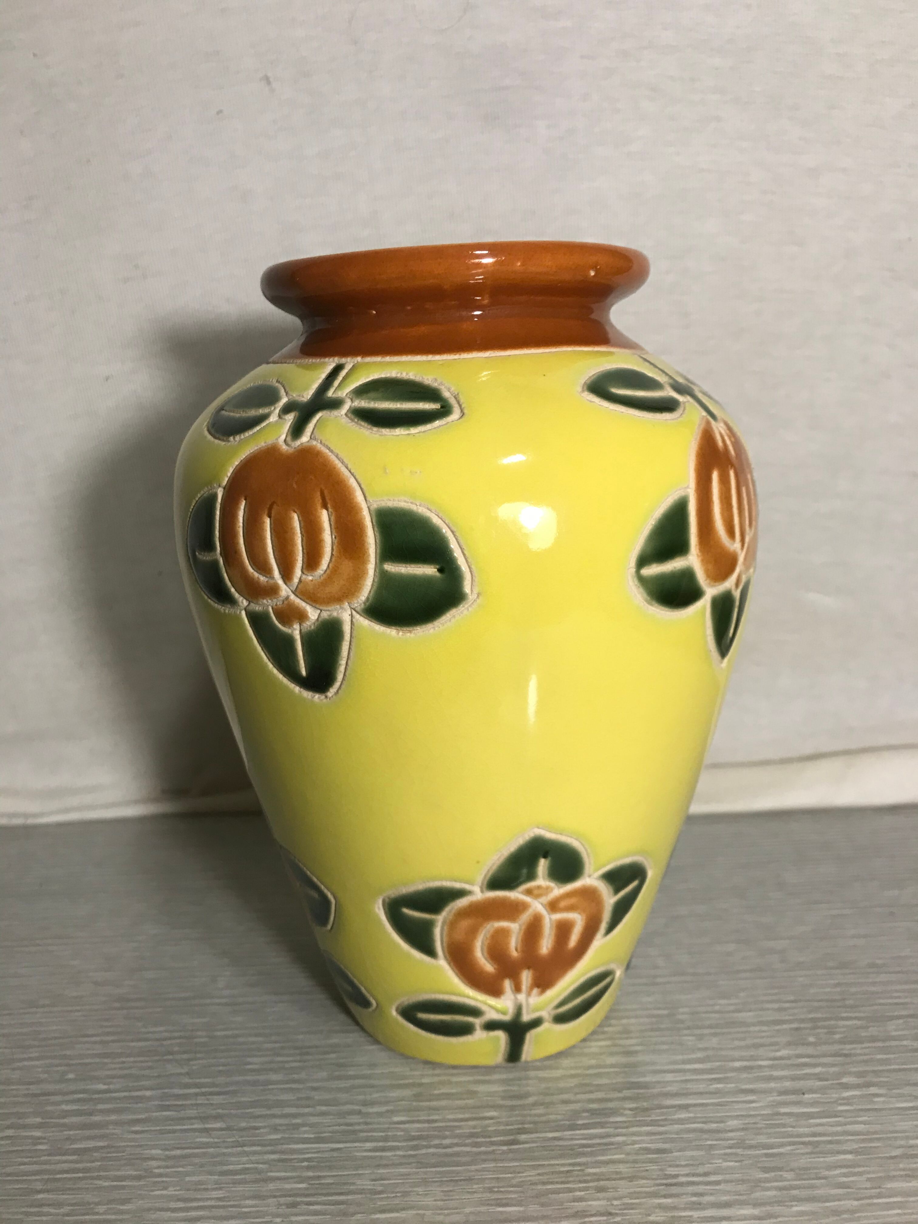 Ancient Ceramic Vase Enamelled Drawing Flowers Years 50 Vintage