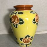 Ancient Ceramic Vase Enamelled Drawing Flowers Years 50 Vintage