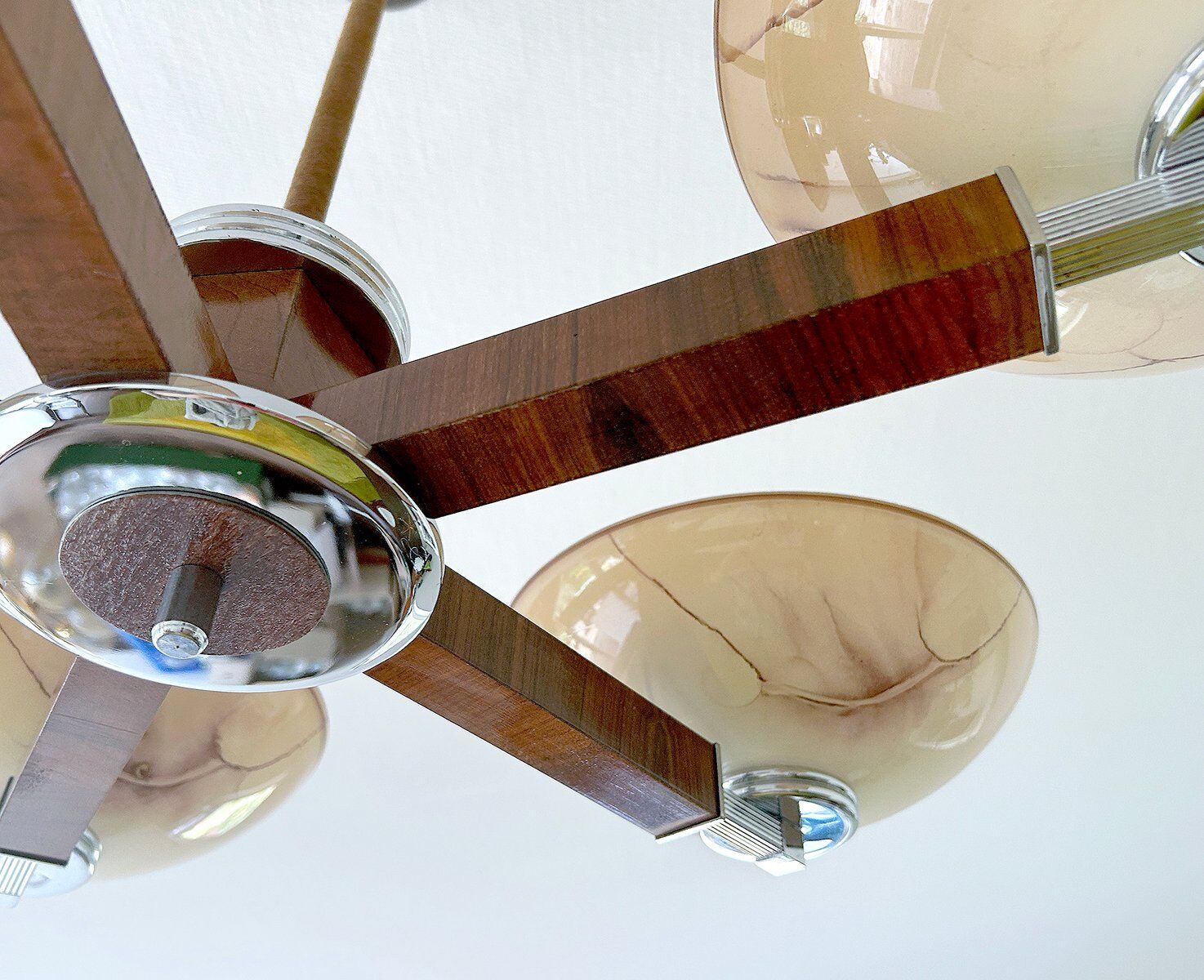 Large Art Deco pendant light in wood and glass, 1930s