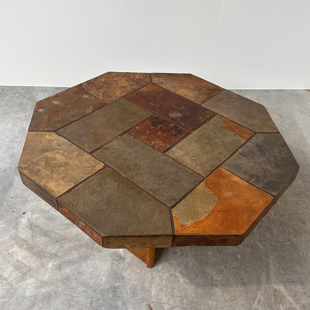 Large vintage slate mosaic coffee table, oak pedestal base, brutalist octagonal