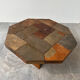 Large vintage slate mosaic coffee table, oak pedestal base, brutalist octagonal