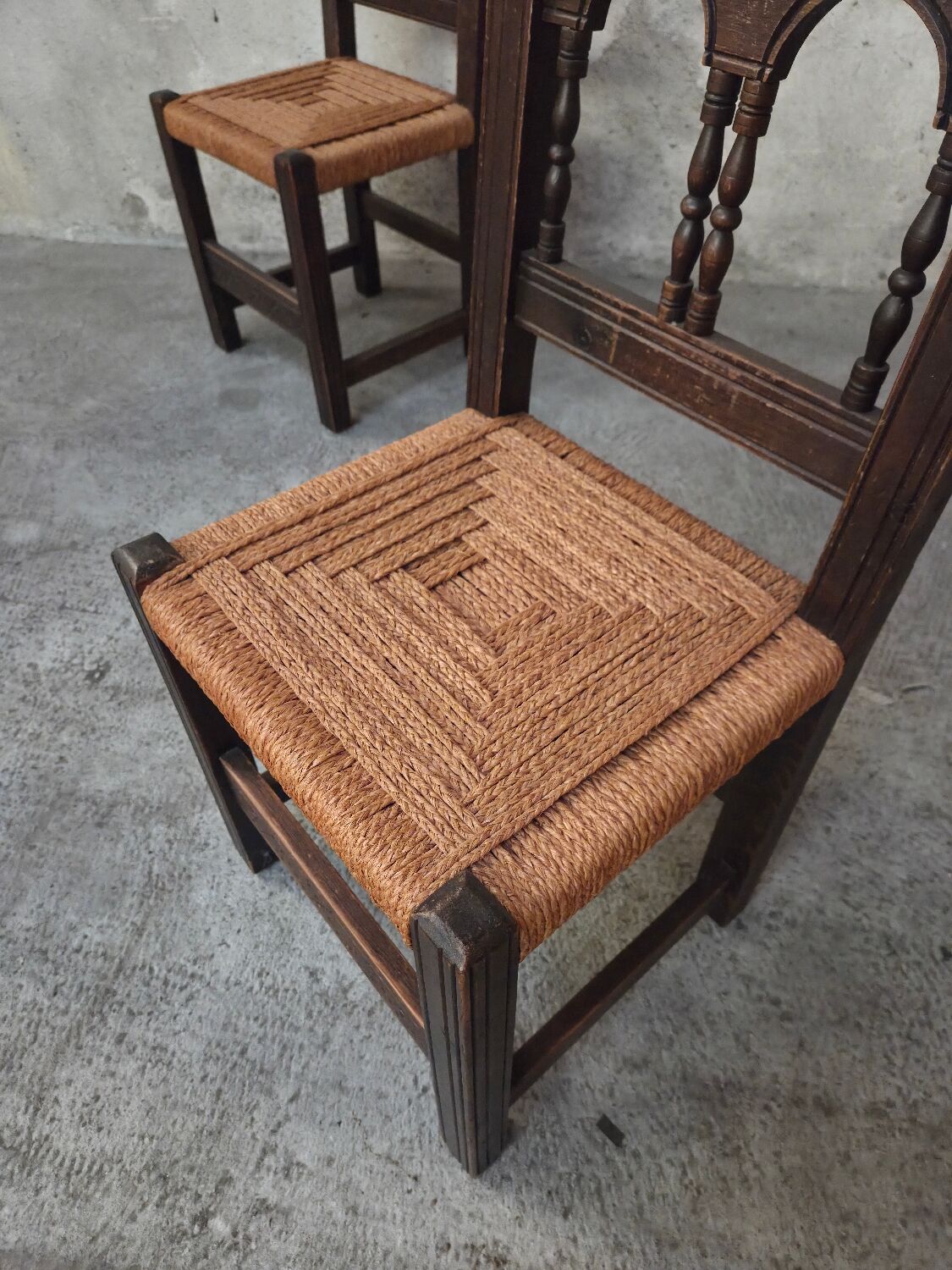 4 wooden and corded Basque chairs