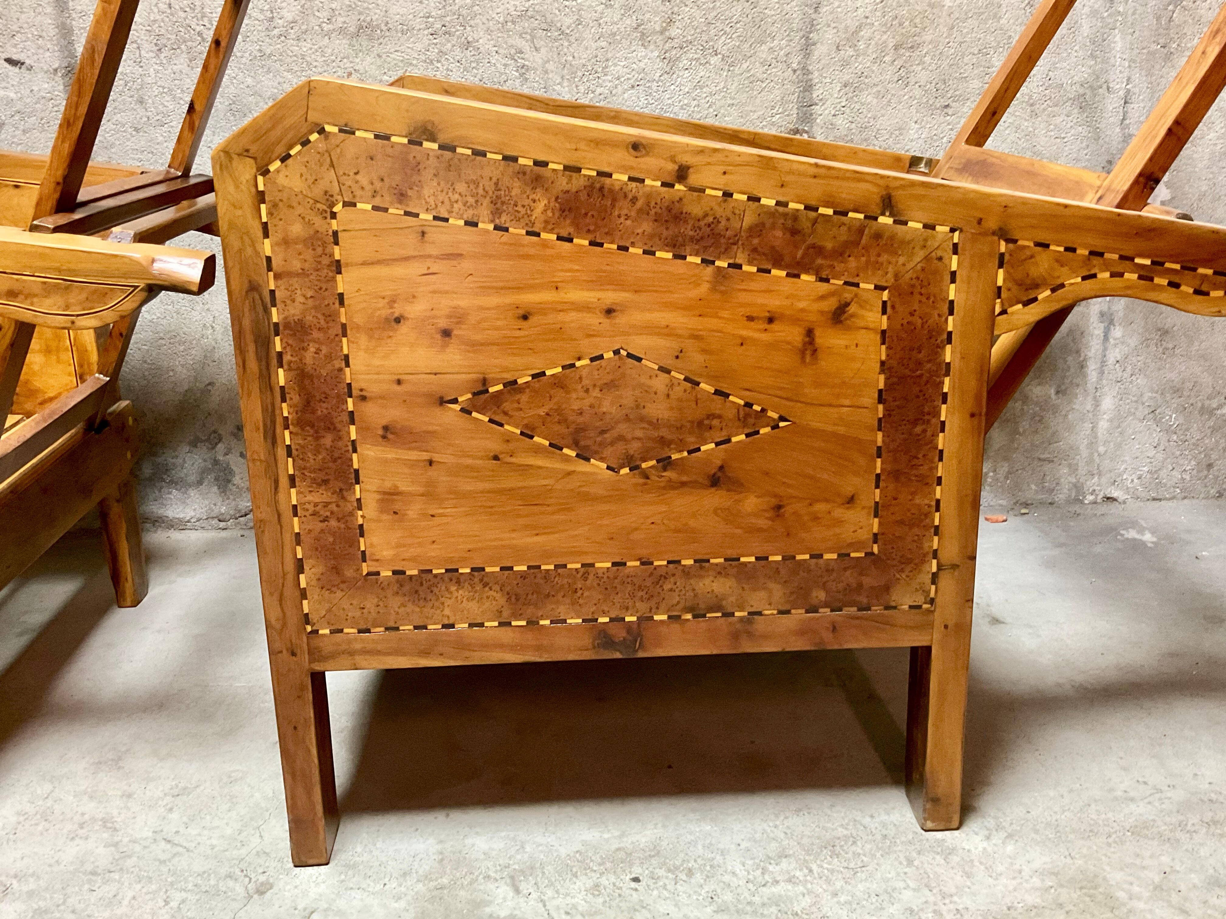 Vintage wooden veranda armchairs with inlaid marquetry 1930s