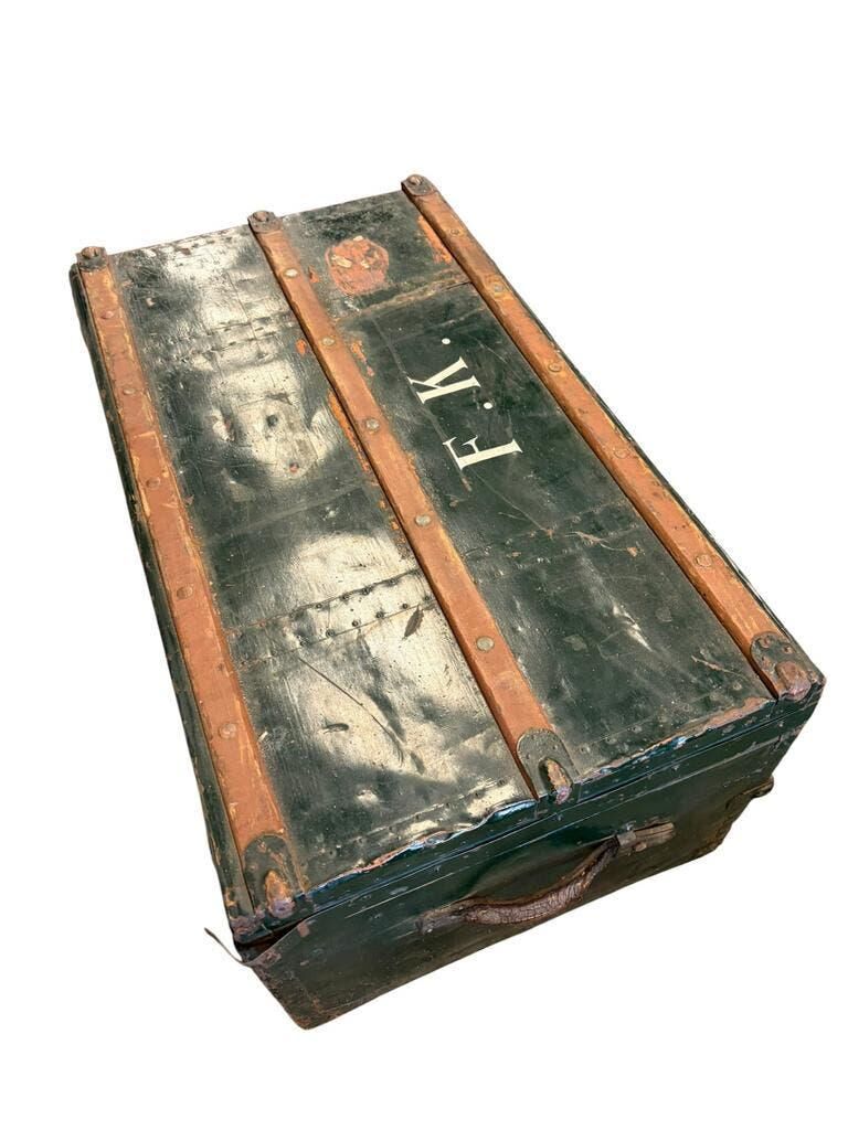 XL vintage green metal industrial trunk / travel trunk