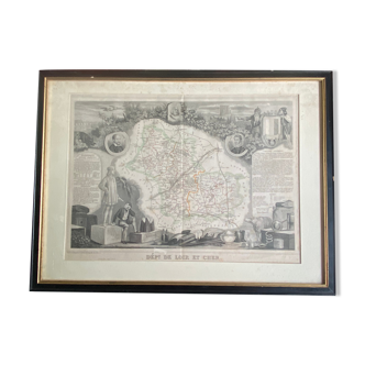 Framed antique engraving 19th geographical map of the Loir et Cher department