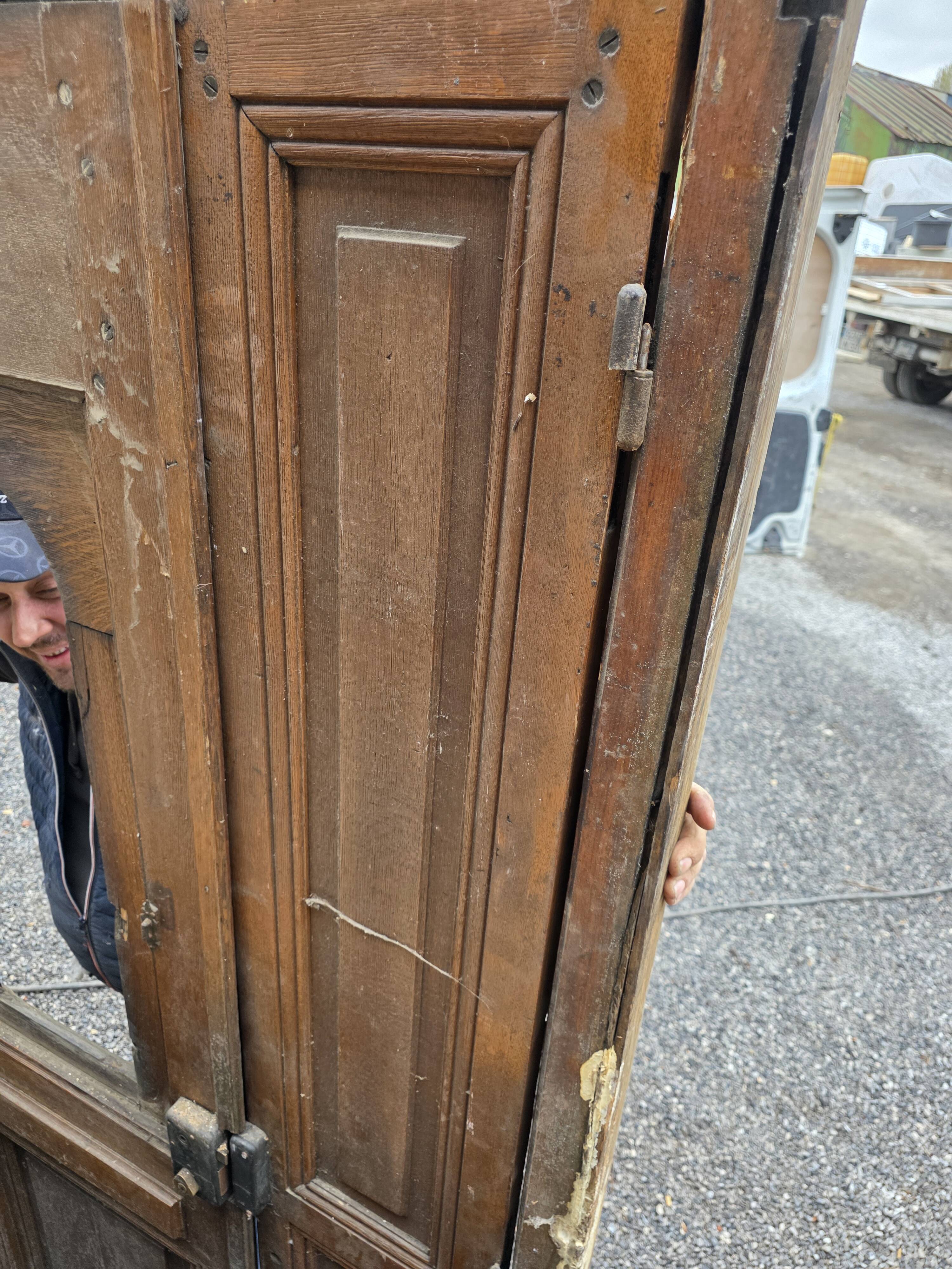 19th-century solid oak entrance door with three openings, including frame.