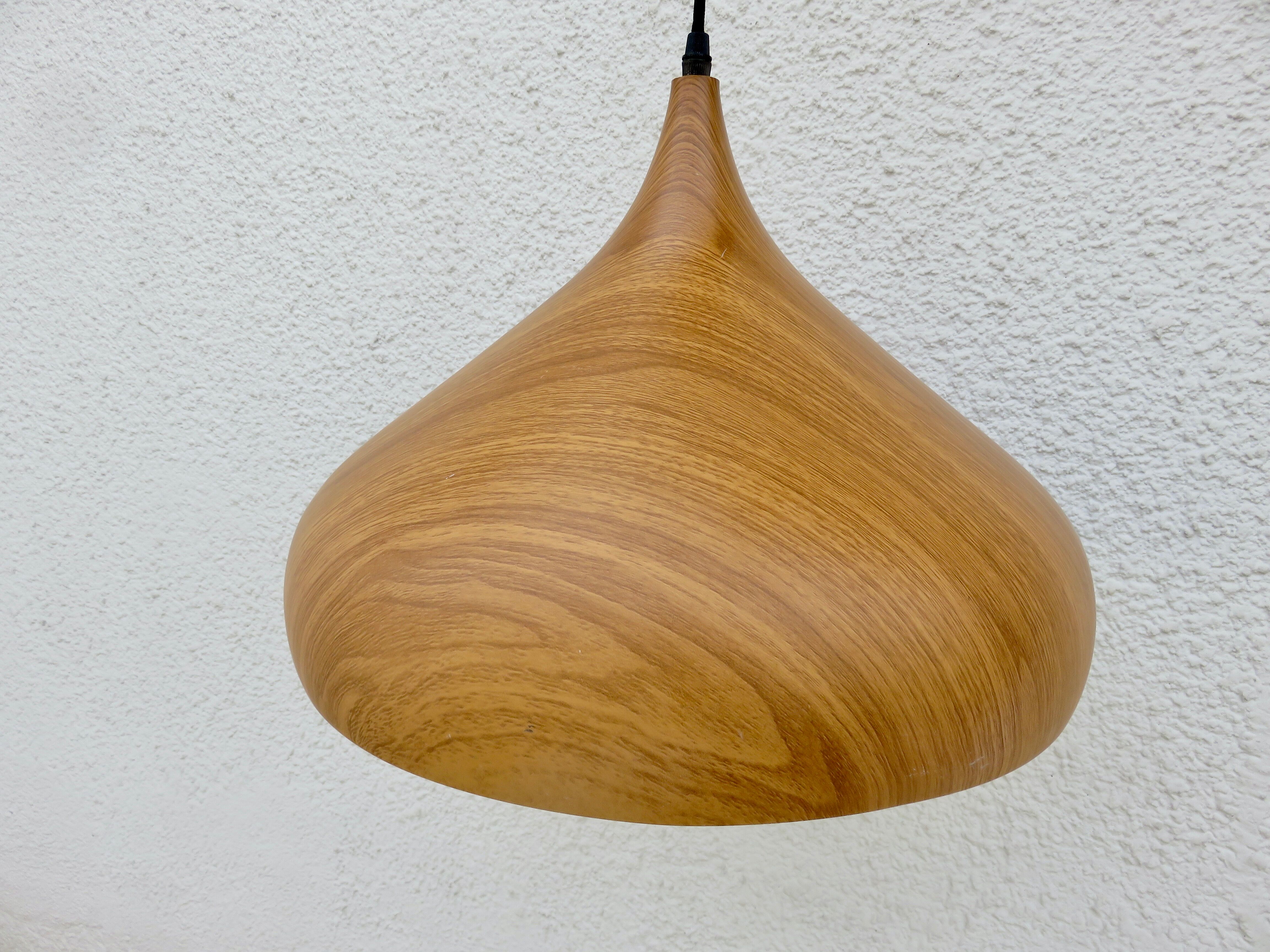 Scandinavian metal pendant light with a faux wood finish, 1980s.