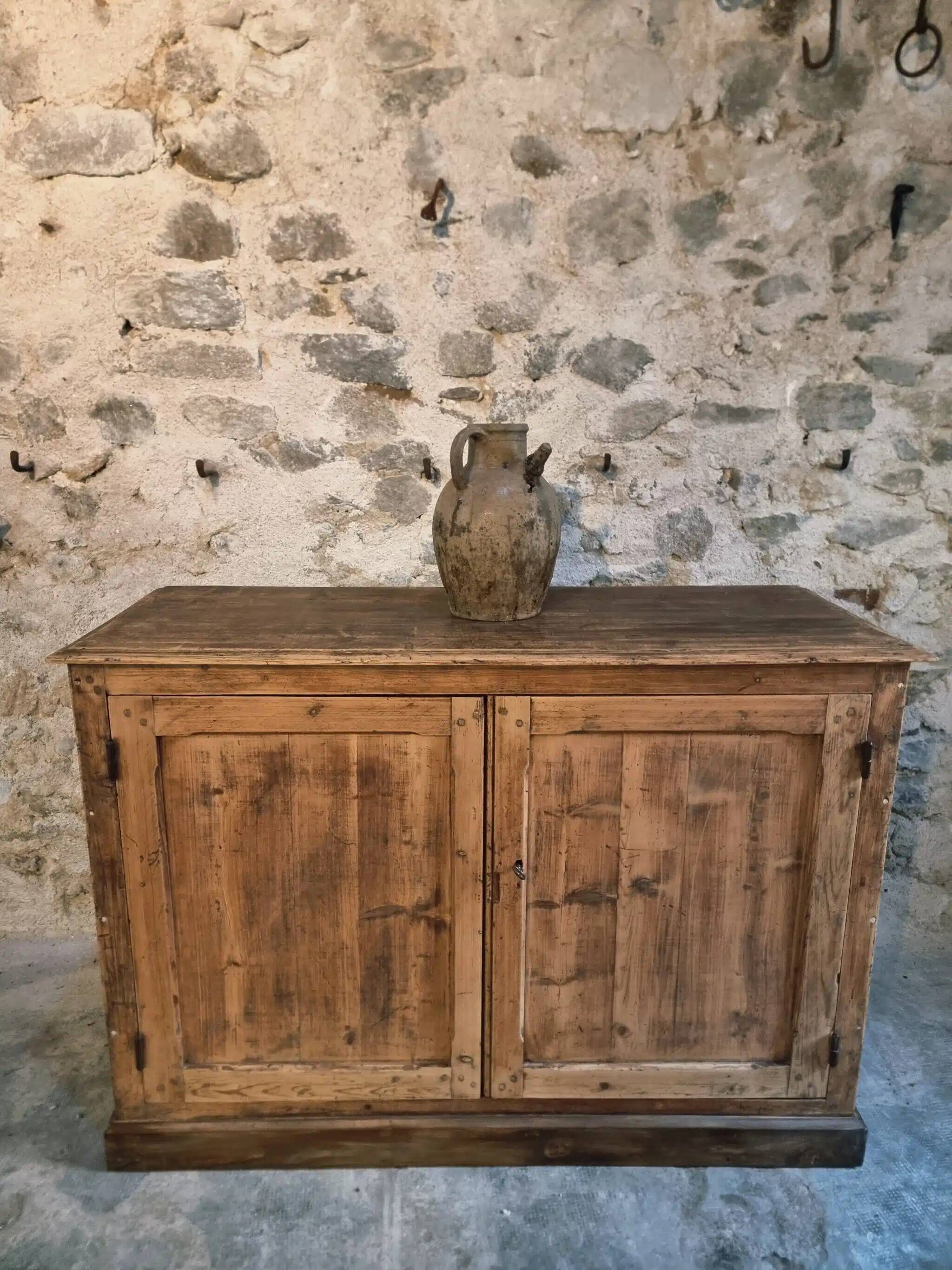 Antique French work cabinet in pine with two doors – rustic country style