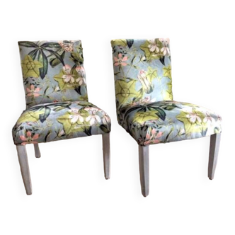 Pair of low armchair chairs floral print decor bo art design