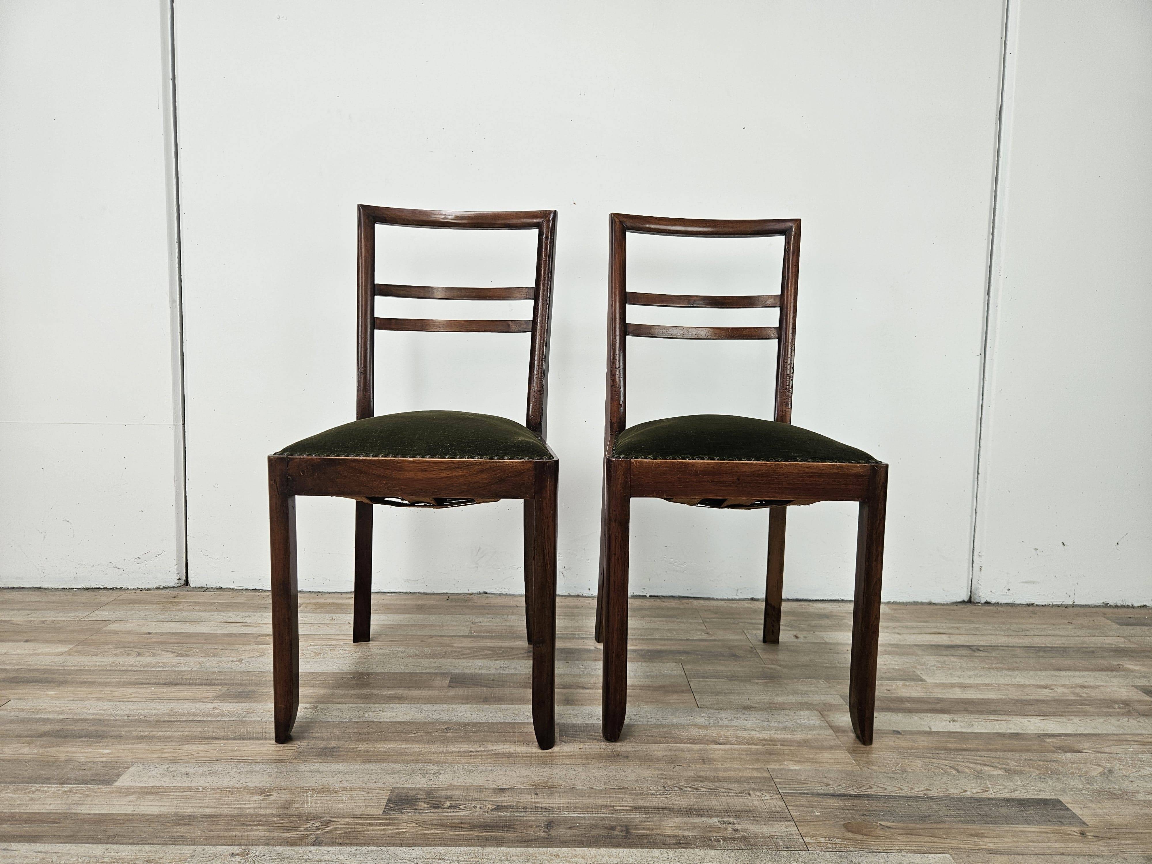 Art Decò dining chairs in walnut and fabric, 1940