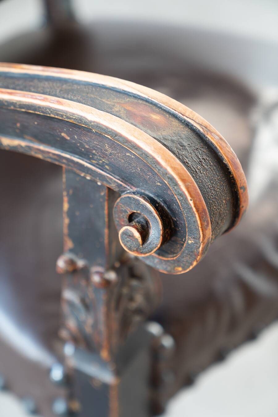 19th century beechwood, metal, and leather throne