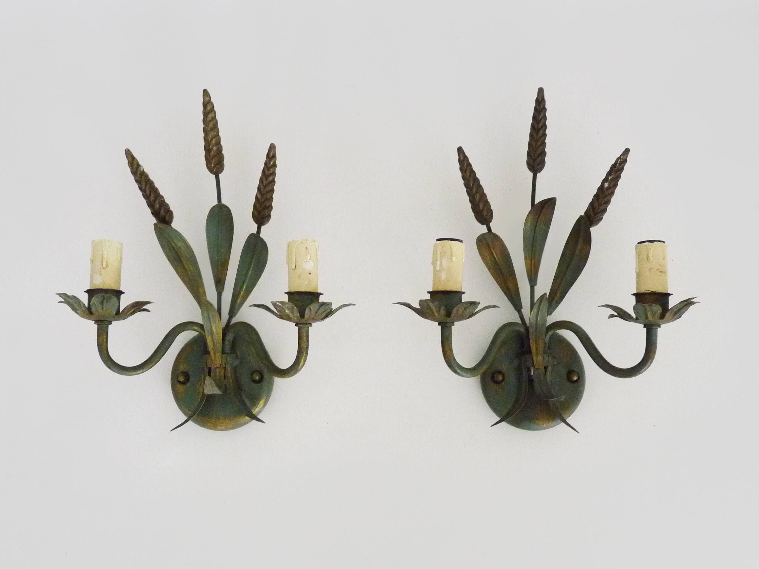 Pair of vintage metal wall sconces in the shape of wheat ears.