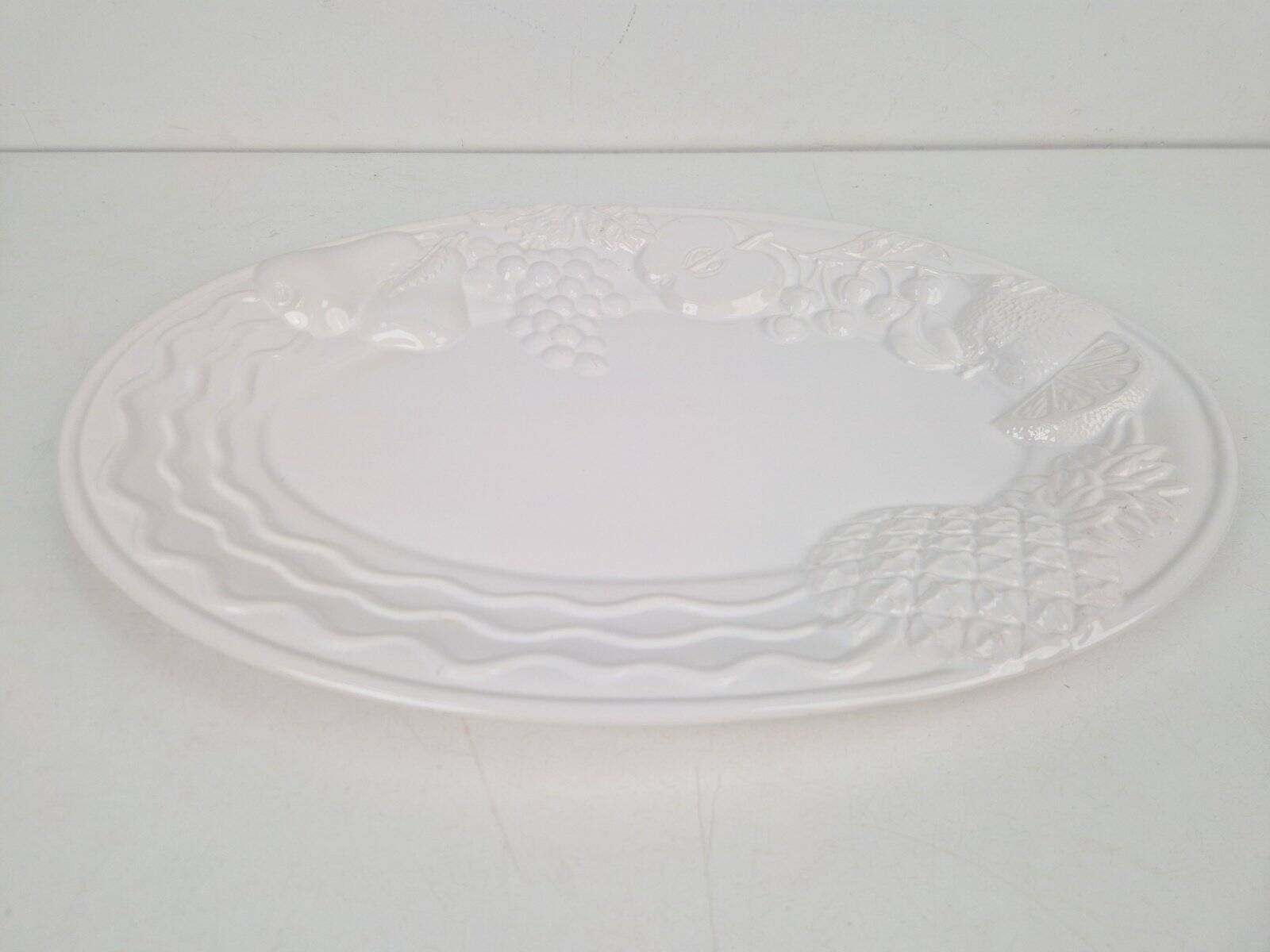 Vintage Large White Majolica Serving Bowl with Relief Fruits by A. Santos, Portugal, 1970s