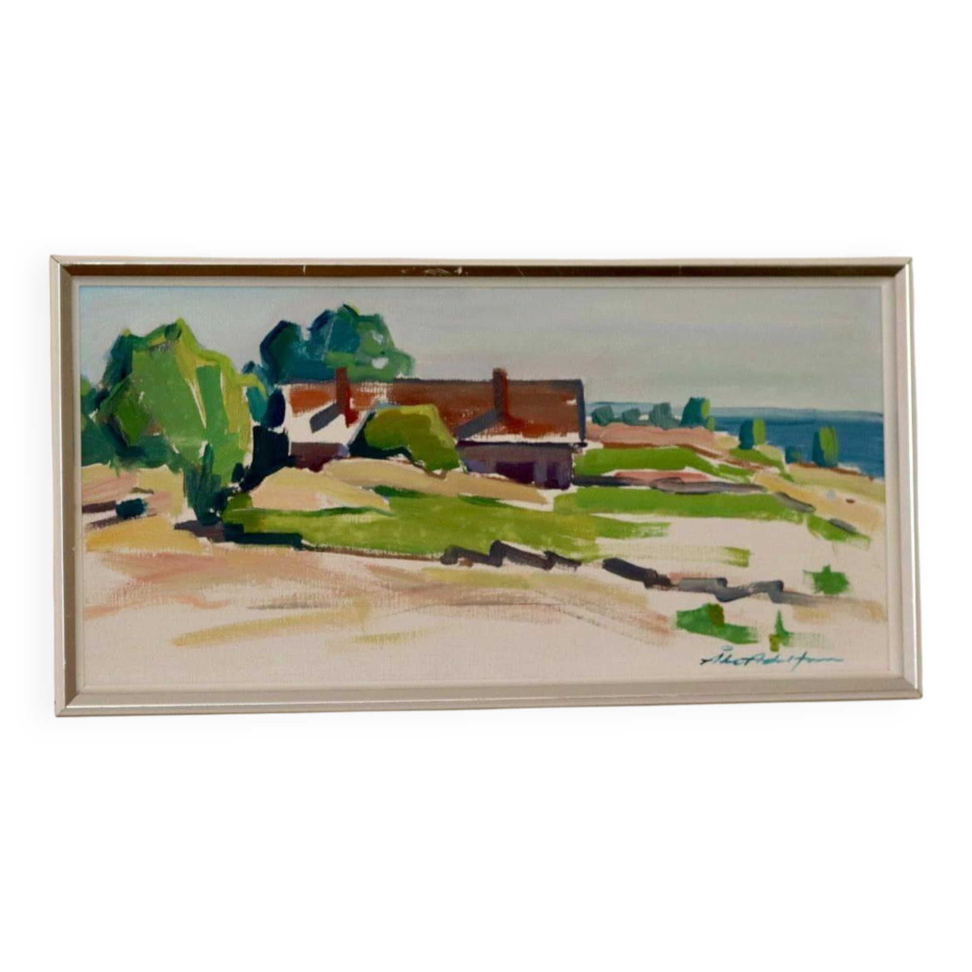 Oil painting on Swedish panel from the mid-century "House by the Sea in Öland" by Åke Adolfsson