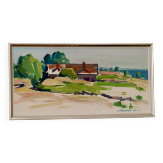 Peinture à l'huile sur panneau suédoise du milieu du siècle « Maison au bord de la mer à Öland » par Åke Adolfsson