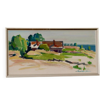 Oil painting on Swedish panel from the mid-century "House by the Sea in Öland" by Åke Adolfsson