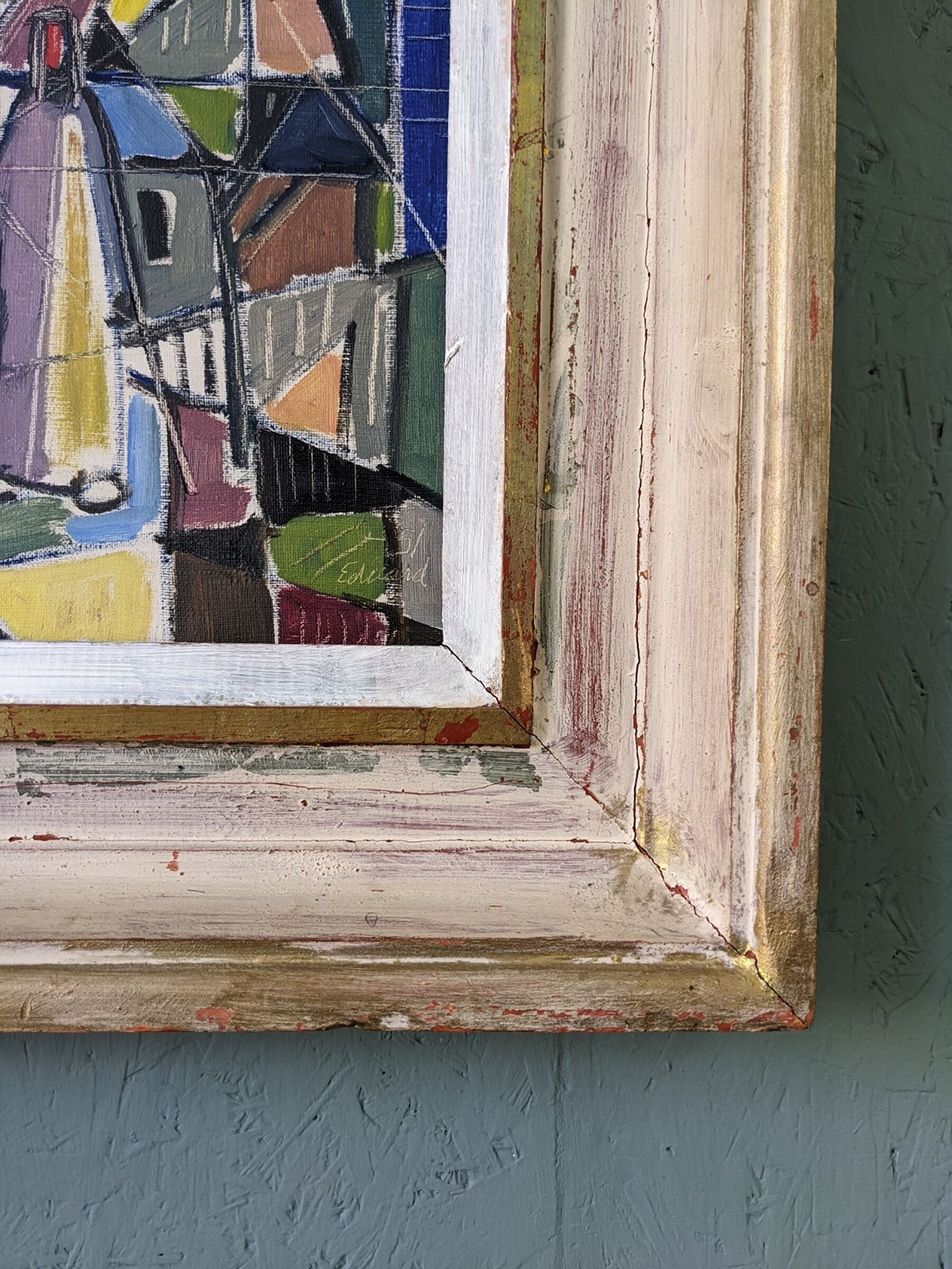 1951 Mid-Century Modern "Figures in Colour" Vintage Geometric Abstract Figurative Oil Painting, Fram