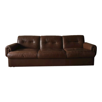 Mid century stitched profile brown leather 3-seater sofa 1970