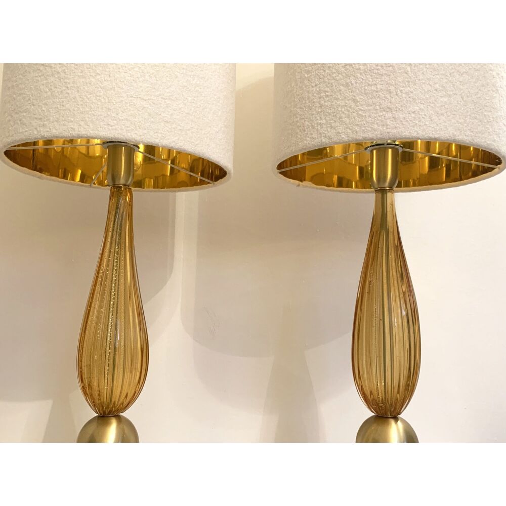 Amber and gold murano glass table lamps with bouclé lampshde
