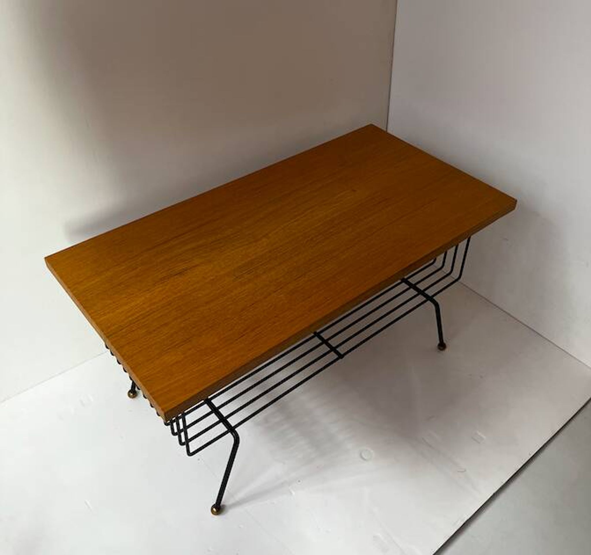 Vintage coffee table wood metal brass 1950s