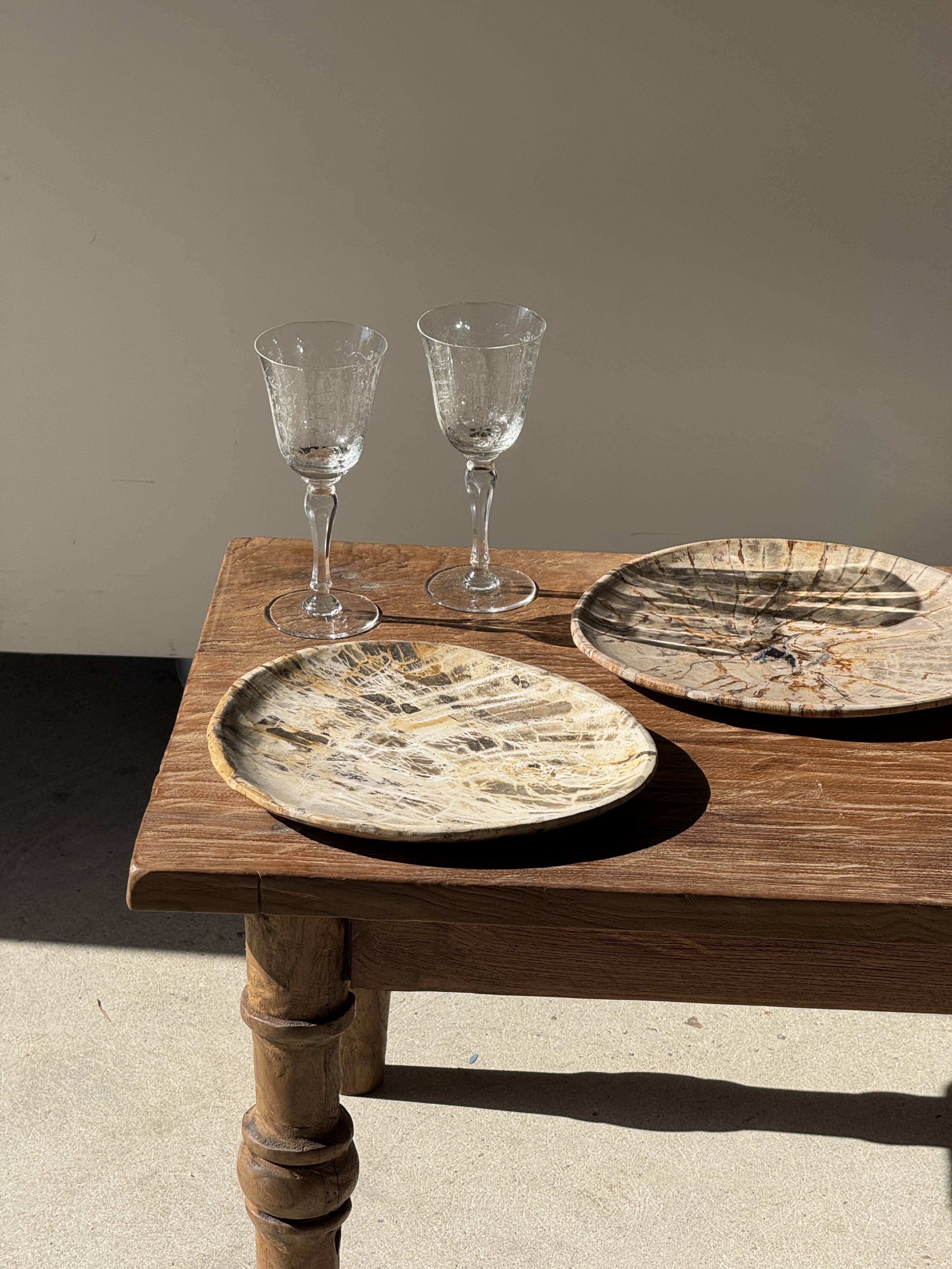 Petit vide poche ou plat en bois pétrifié blanc quadrillé brun D25-20,5