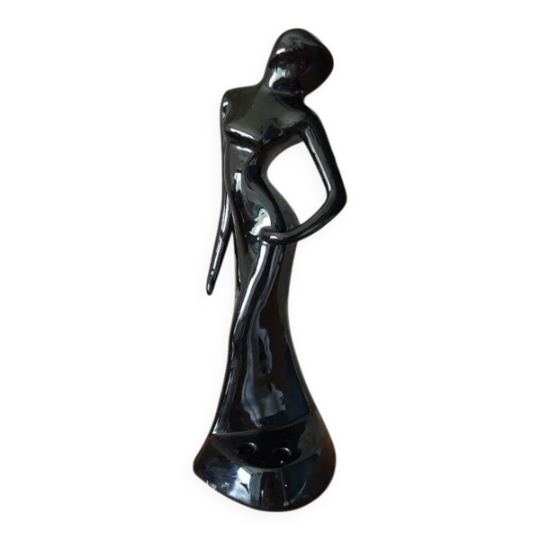 Statuette femme Art déco – Danseuse élégante – Barbotine noire – Années 50