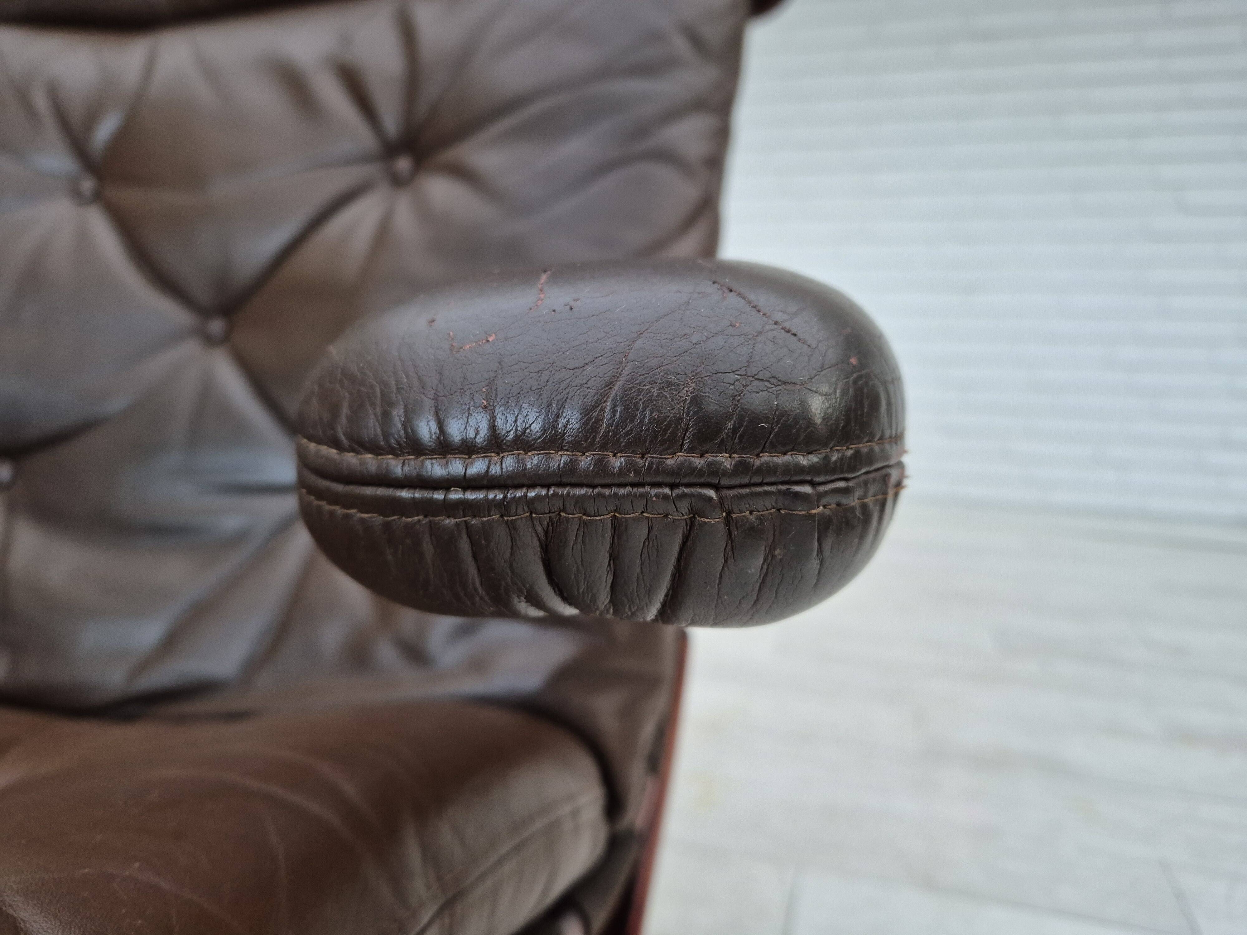 1970s, Scandinavian armchair, original condition, furniture leather, bent wood, canvas.