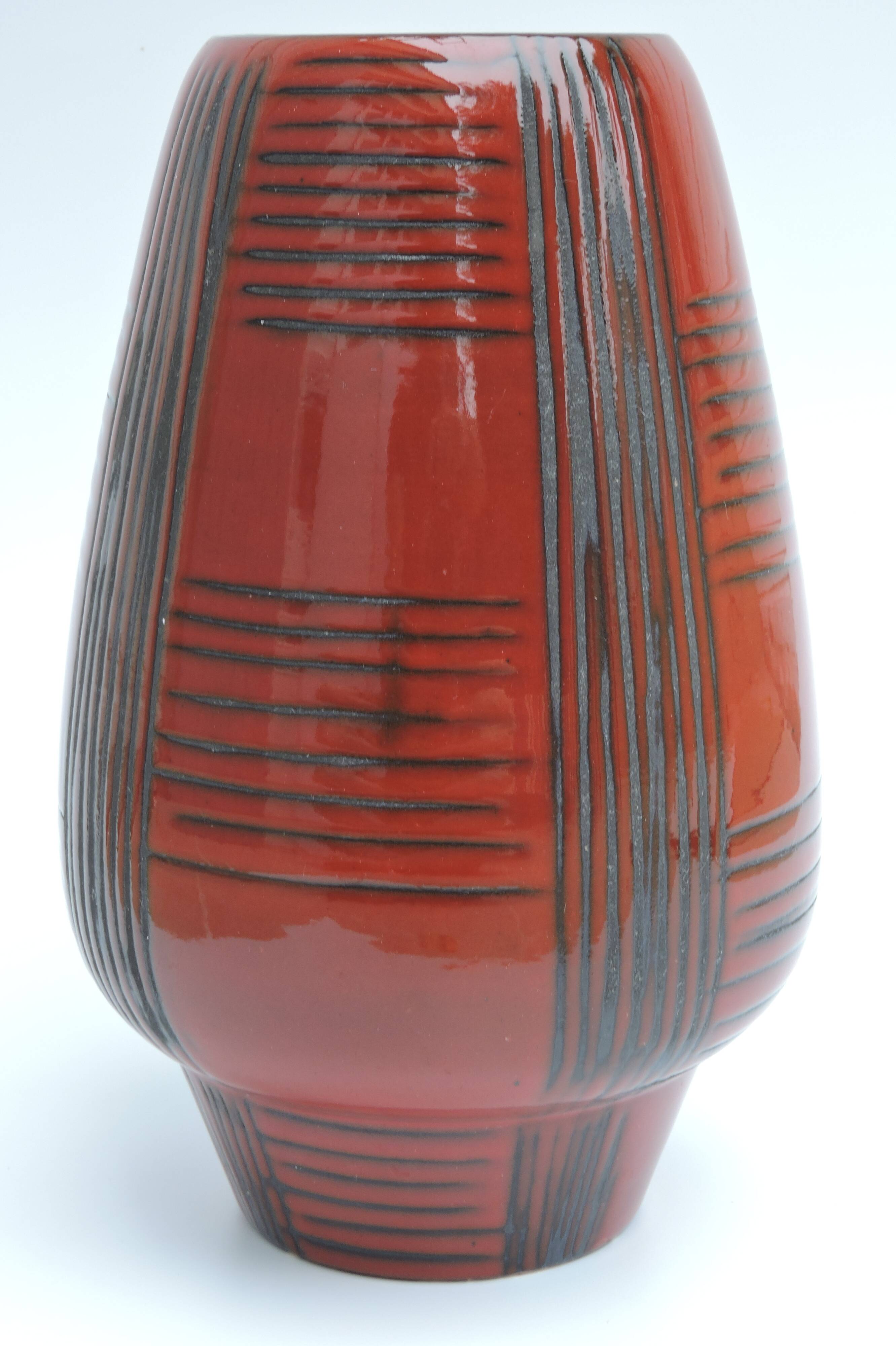 Vintage red ceramic vase scarified decoration elchinger 50' signed
