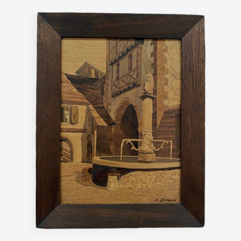Pyrographed wooden painting Lucien Straub Alsace Riquewihr fountain
