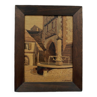 Pyrographed wooden painting Lucien Straub Alsace Riquewihr fountain