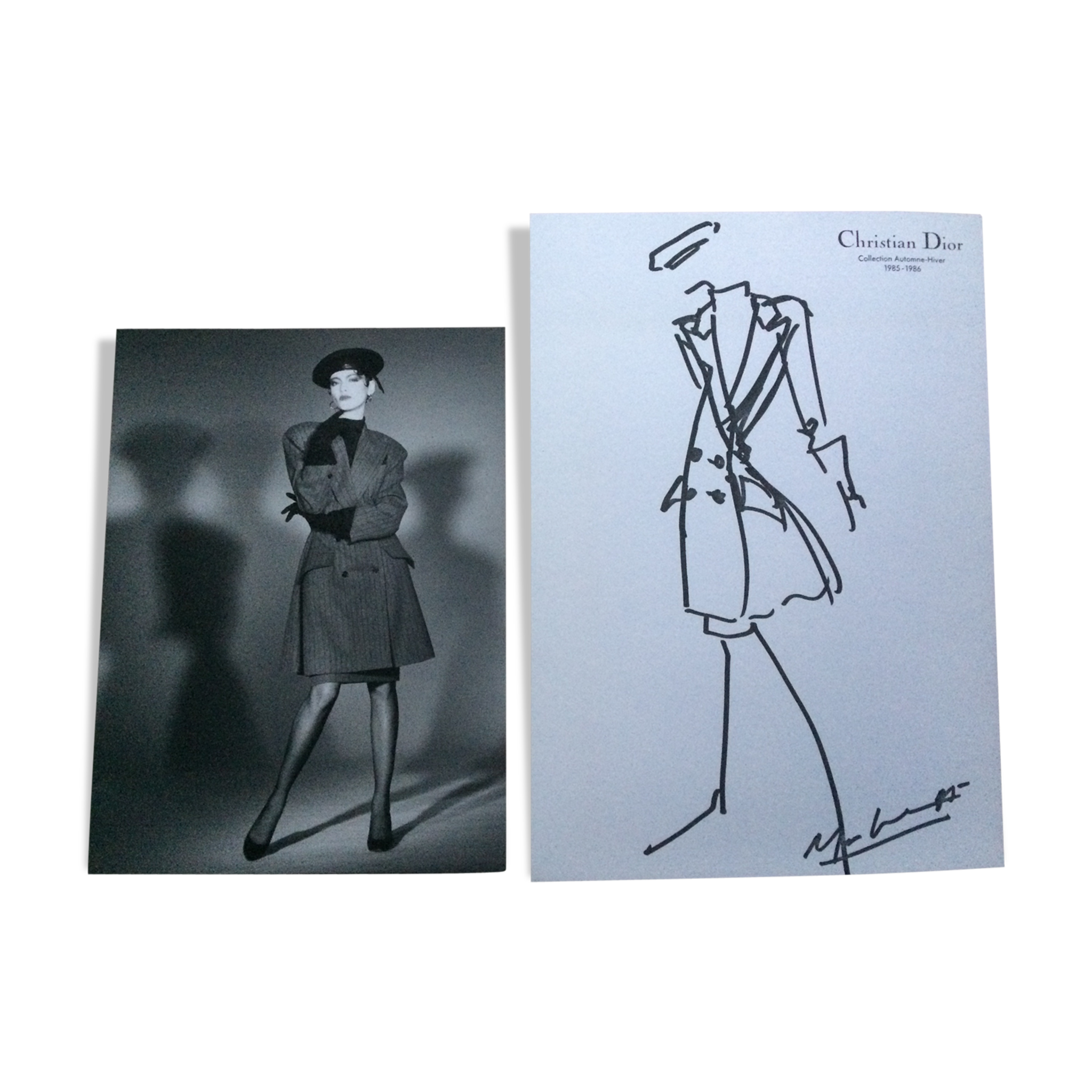 Croquis de mode Christian Dior accompagnée d'une photographie