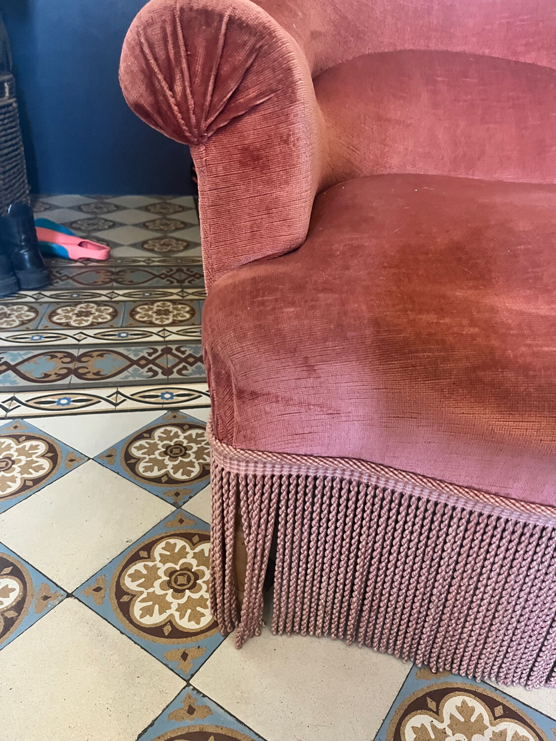 Old pink velvet armchair