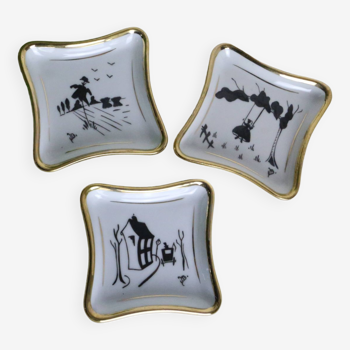 Petites coupes ou vide poche, motifs noirs peints à la main, porcelaine de Limoges, vintage, France