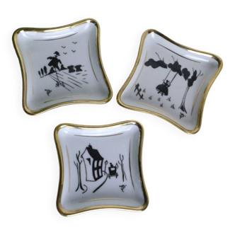 Petites coupes ou vide poche, motifs noirs peints à la main, porcelaine de Limoges, vintage, France