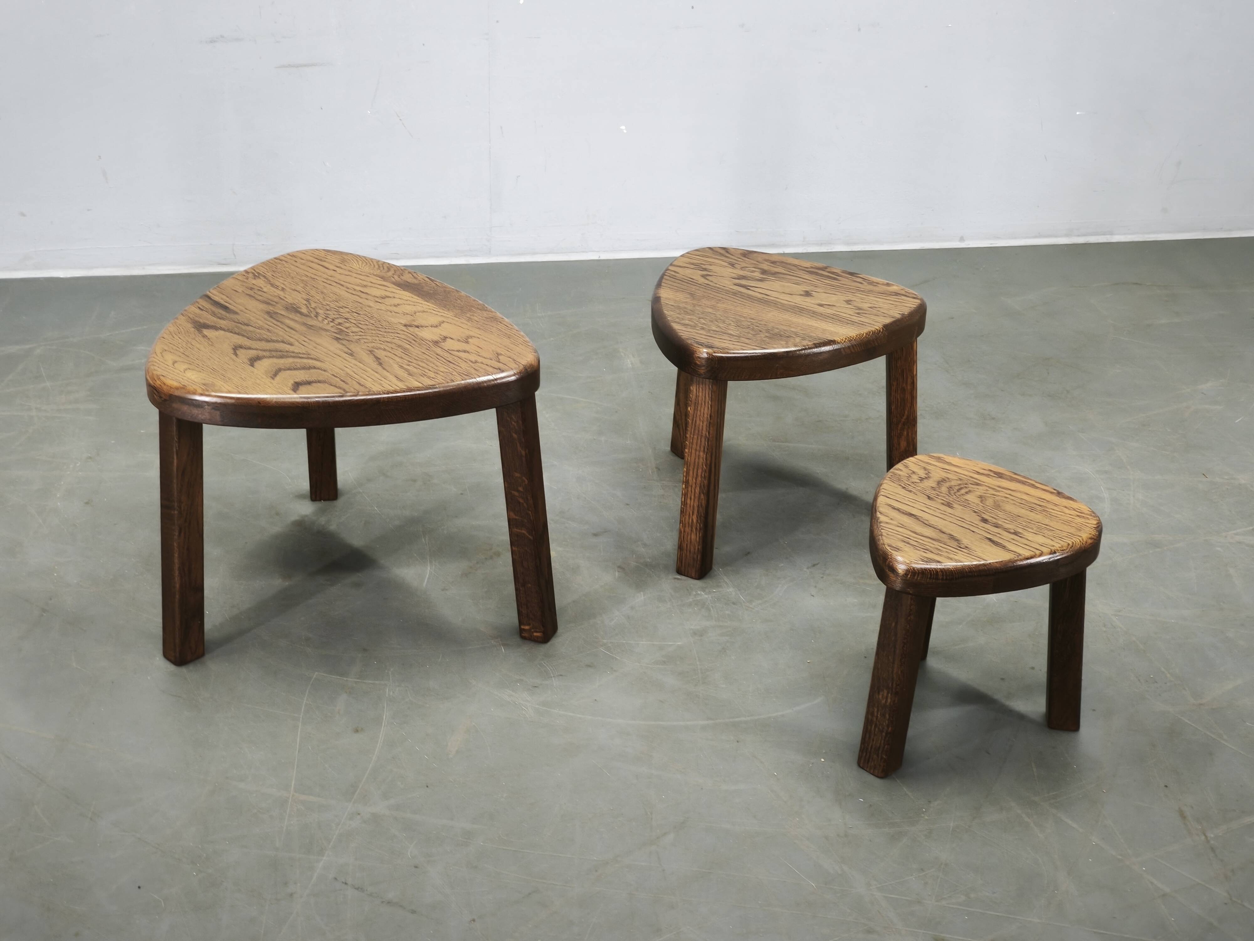 1960s Czechoslovak Mid-Century Solid Oak Nesting Tables, Set of Three