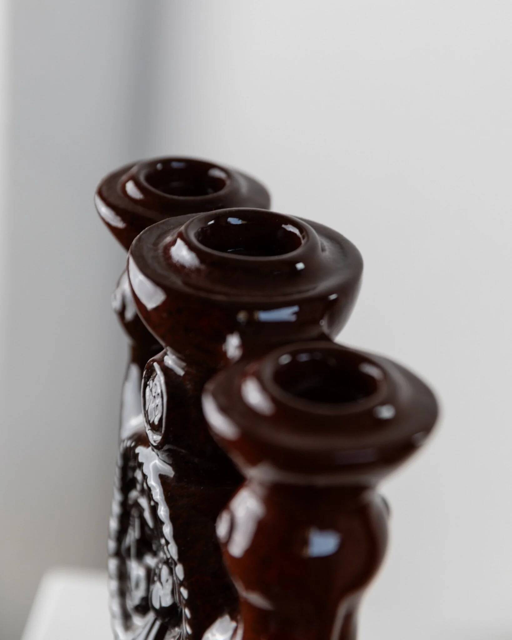 Large brown glazed ceramic candle holder for 3 candles - Brutalist mid-century Estonian design, 1960s