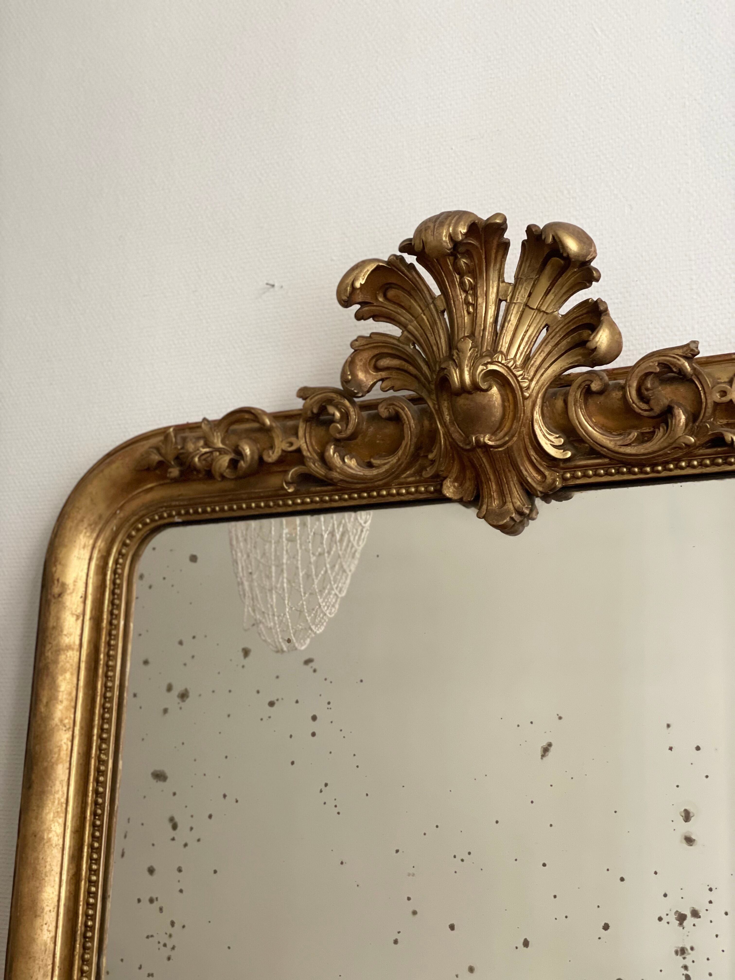 Old mirror louis Philippe Dore gold leaf pediment gilded fireplace