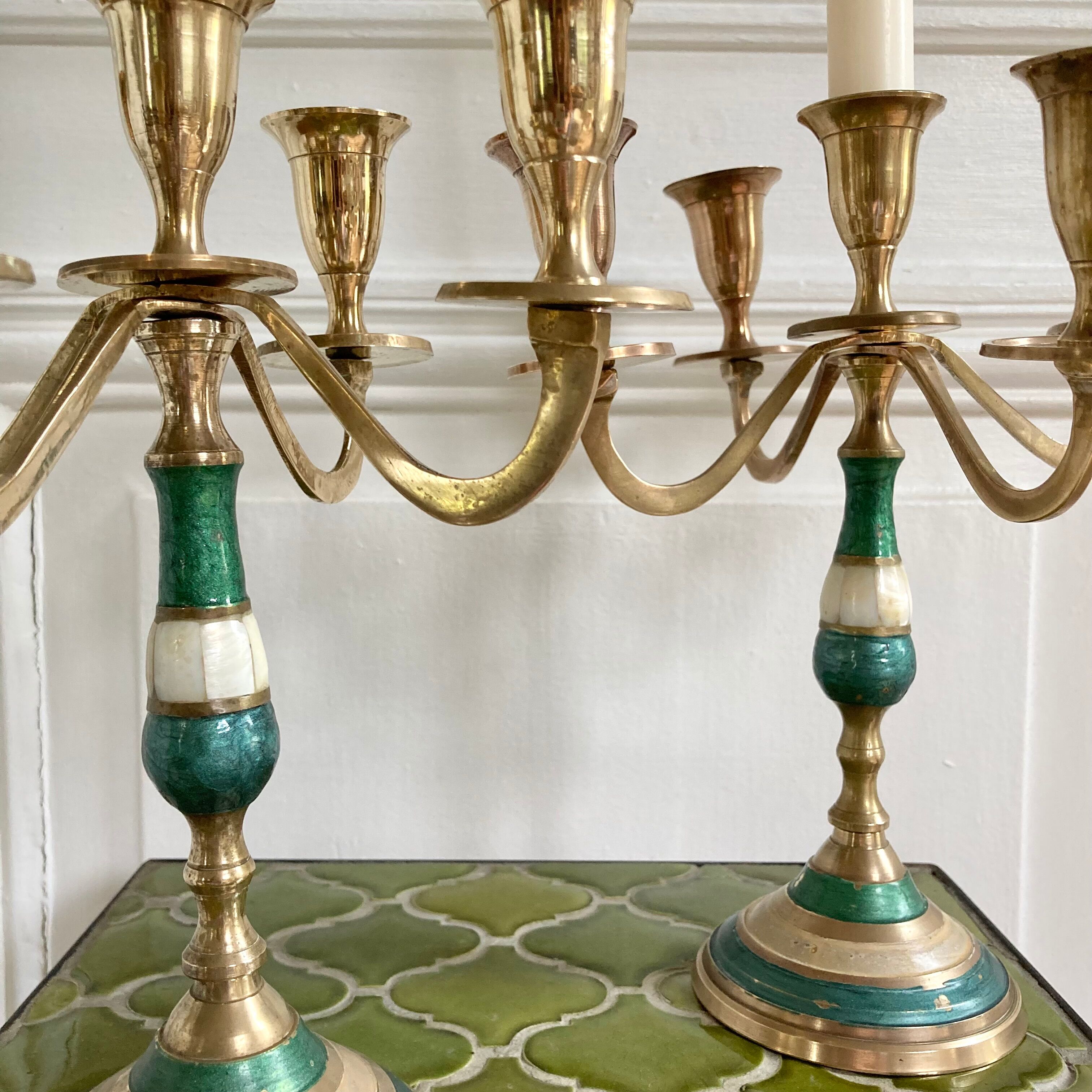 Pair of candlesticks brass and mother-of-pearl candlesticks