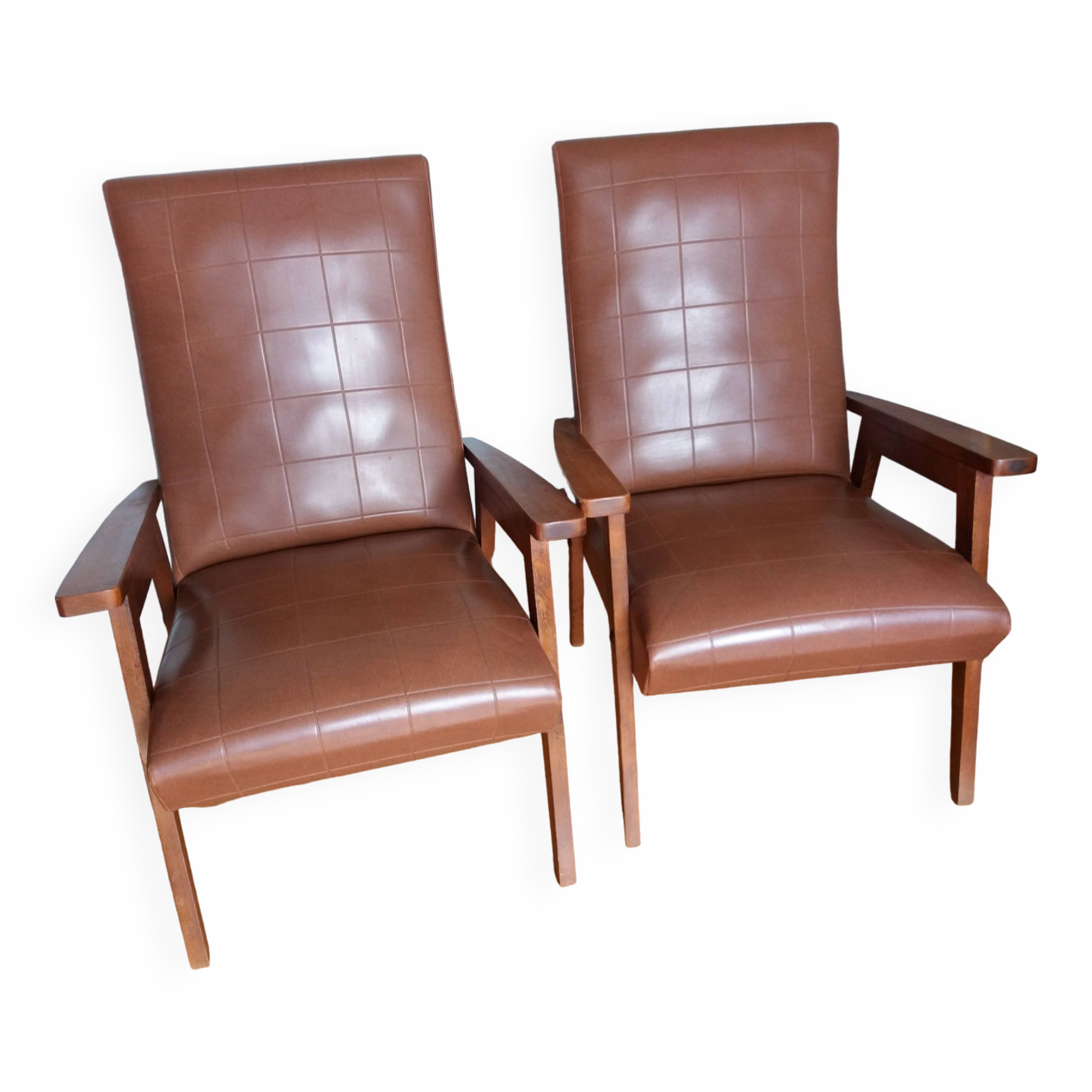 Scandinavian vintage brown skai and wood armchairs