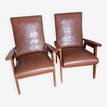 Scandinavian vintage brown skai and wood armchairs