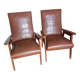 Scandinavian vintage brown skai and wood armchairs