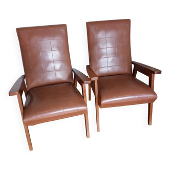 Scandinavian vintage brown skai and wood armchairs