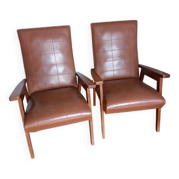 Fauteuils scandinaves vintage skaï marron et bois