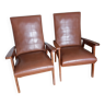 Scandinavian vintage brown skai and wood armchairs