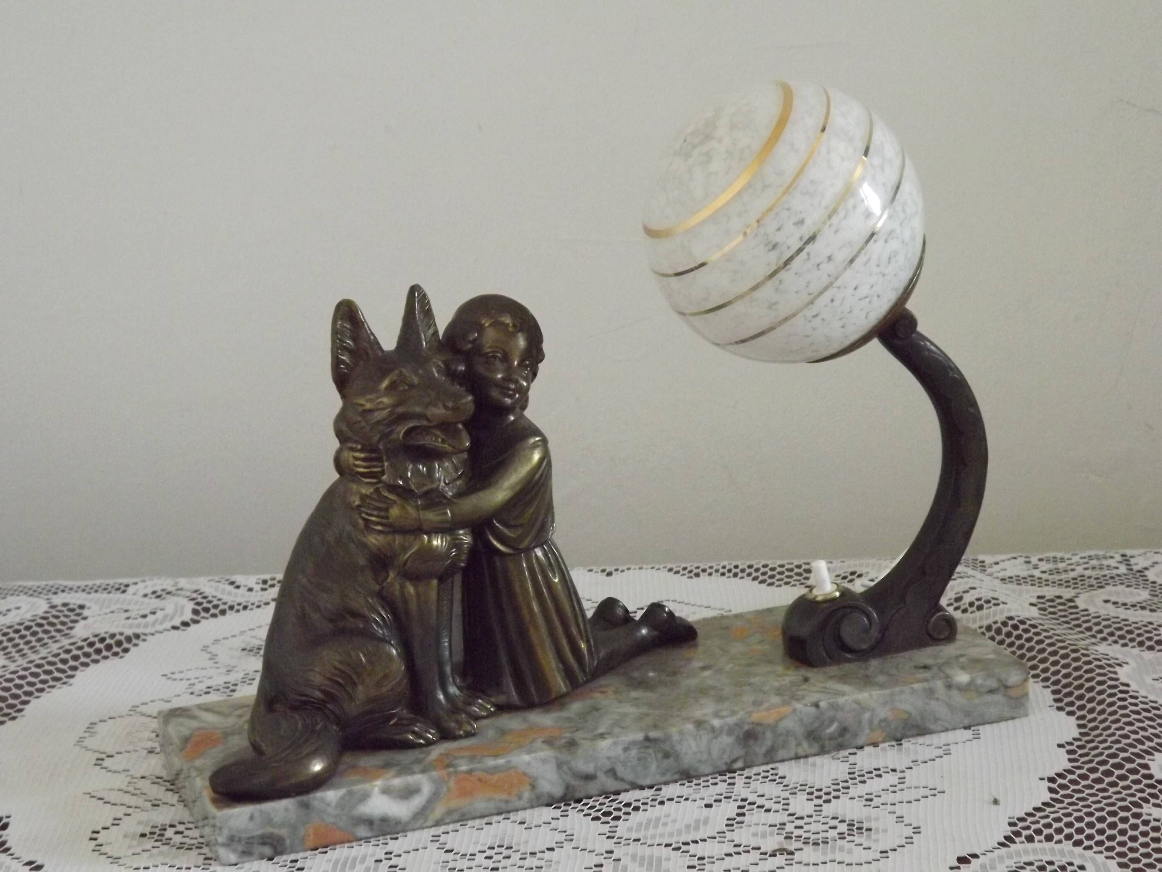French Art Deco Table Lamp – Kneeling Girl with Dog & Clichy Glass Shade