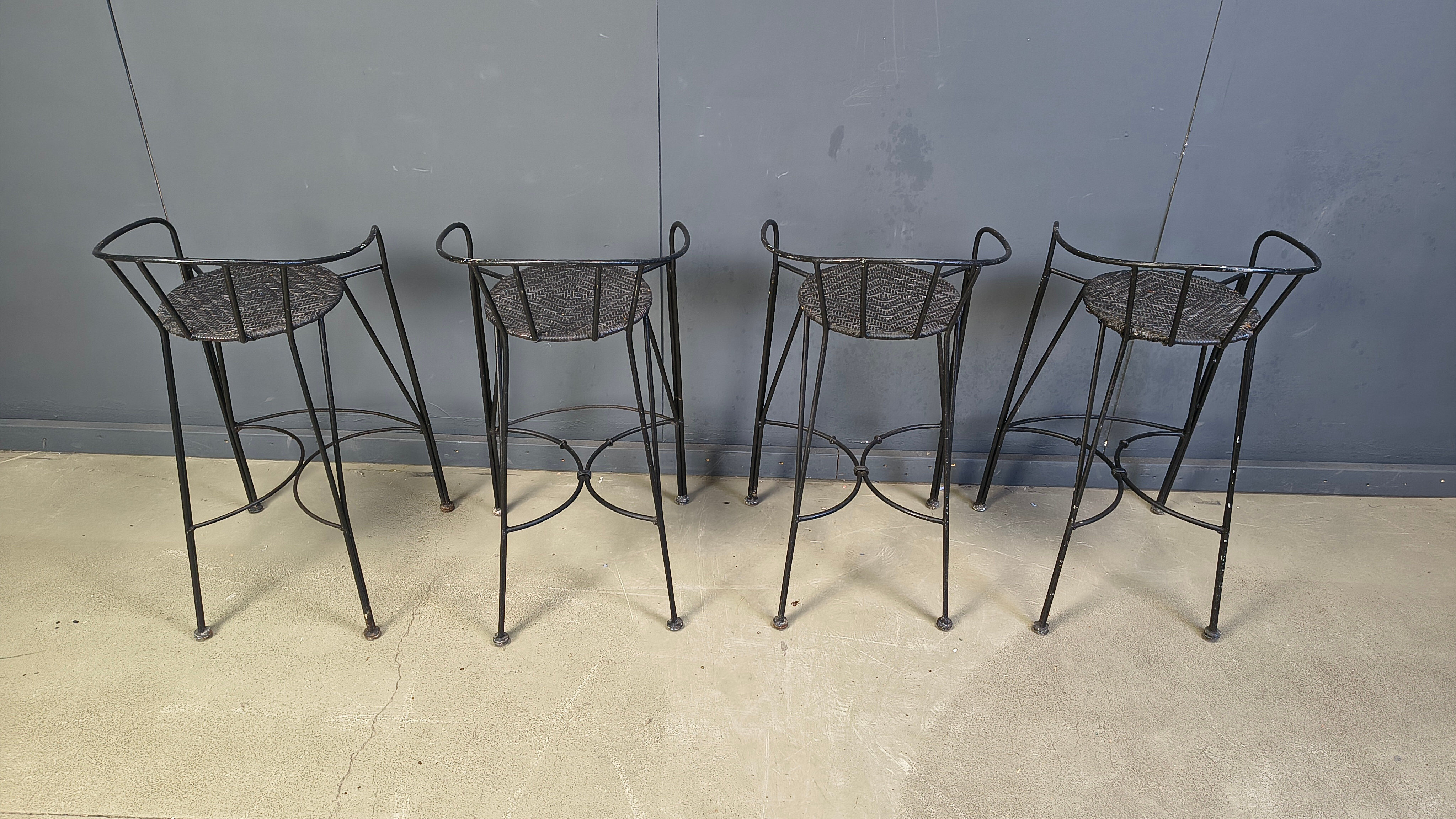 Tabourets de bar vintage en fer forgé et rotin, ensemble de 4 - années 1970