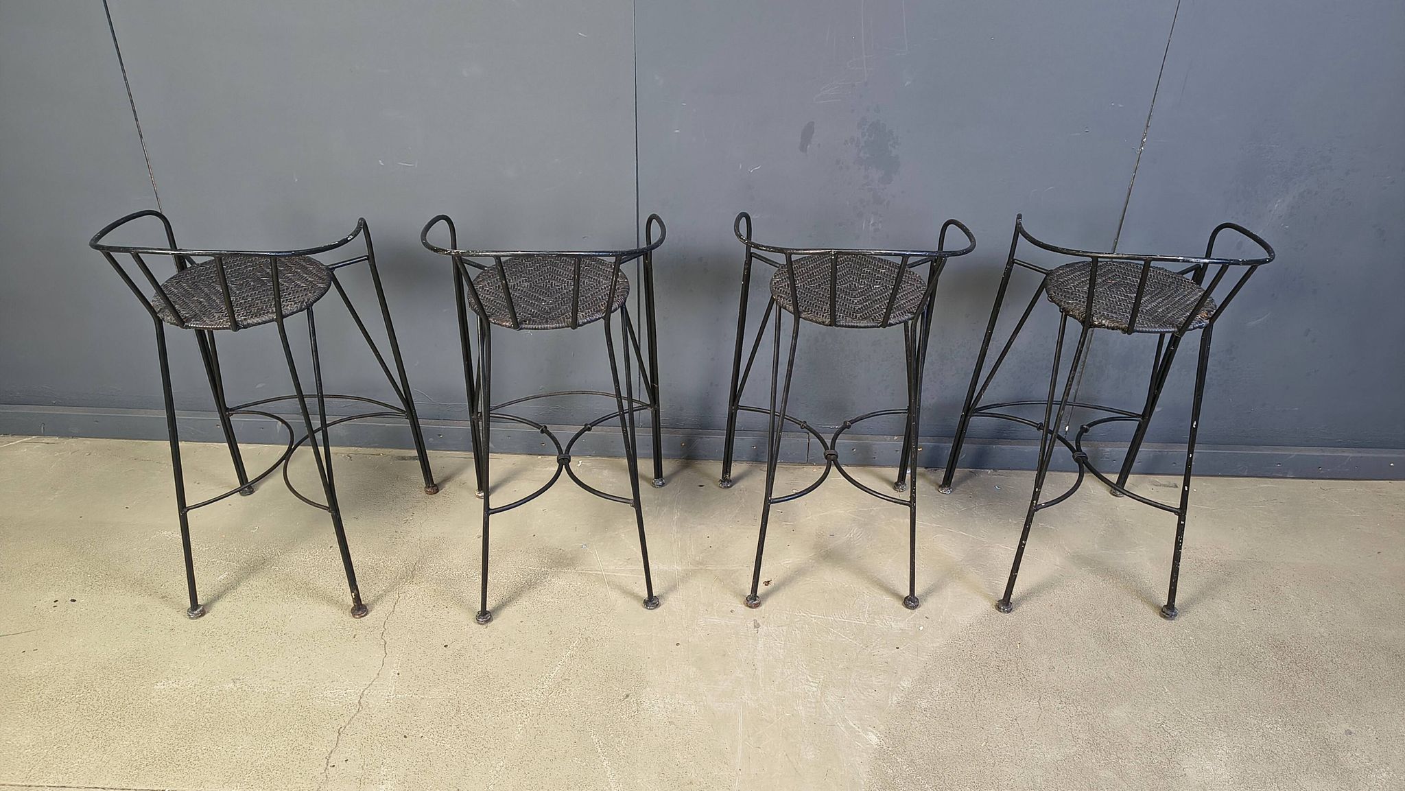 Tabourets de bar vintage en fer forgé et rotin, ensemble de 4 - années 1970